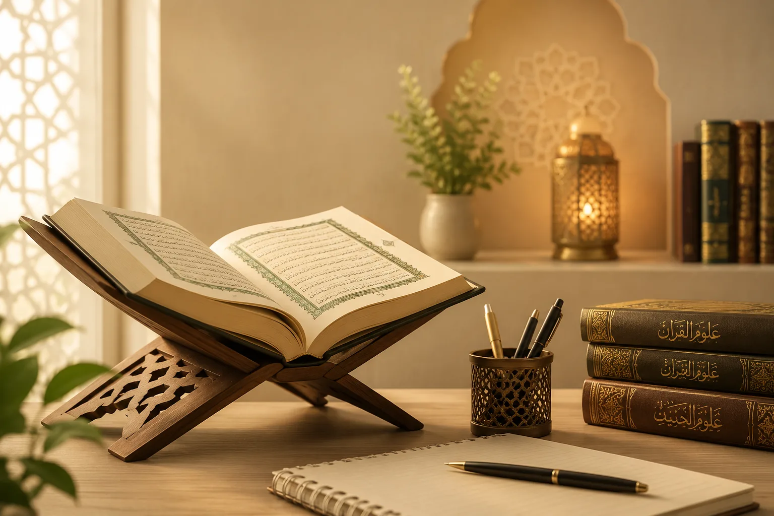 مصحف مفتوح على حامل خشبي بجانب كتب علمية